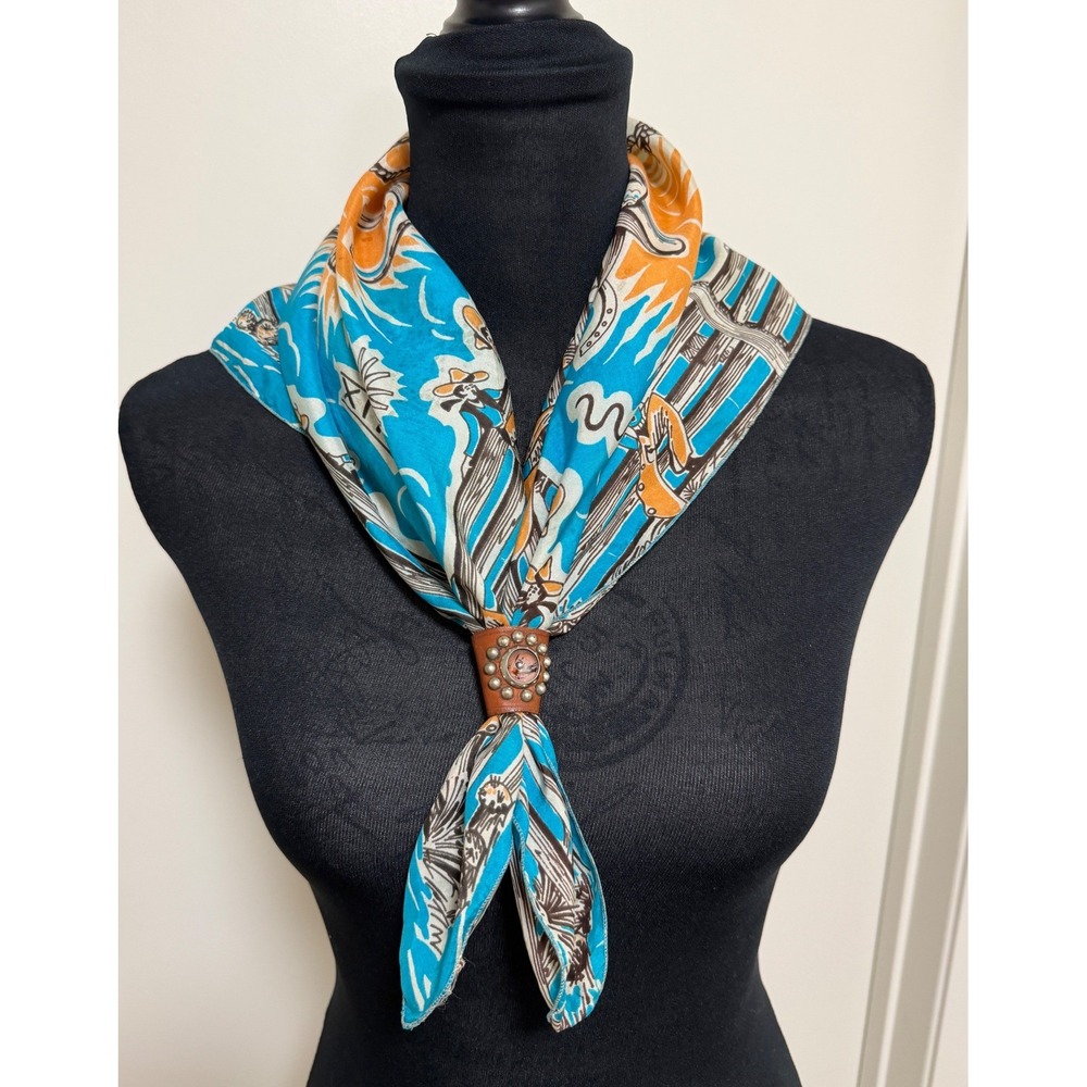 Vintage Brico Silk Western Rodeo Scarf Turquoise Orange Leather Studded Slide